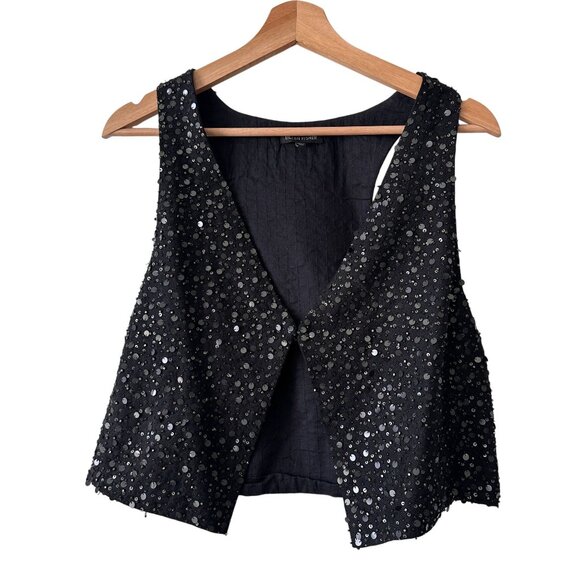 Eileen Fisher Black Sequin Silk Matka Vest Racerback Hook & Eye Closure S - Picture 2 of 8